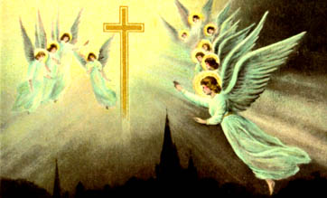 Skyward angels escorting the radiantly descending Cross of Christ (ClickArt)