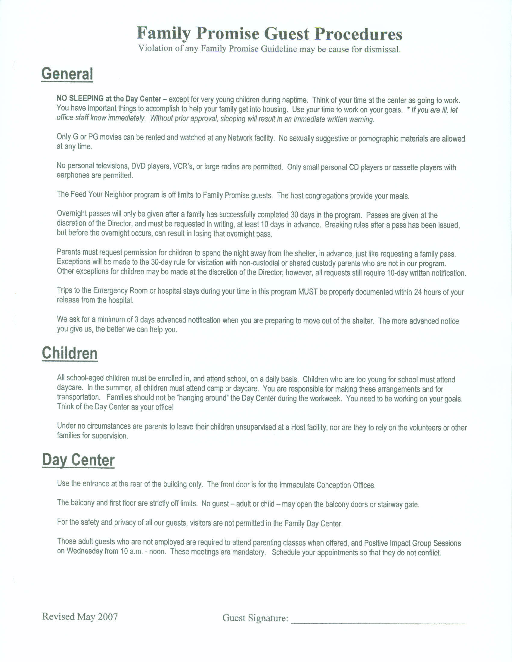 Family Promise of Greater Toledo Guest Procedures page 1