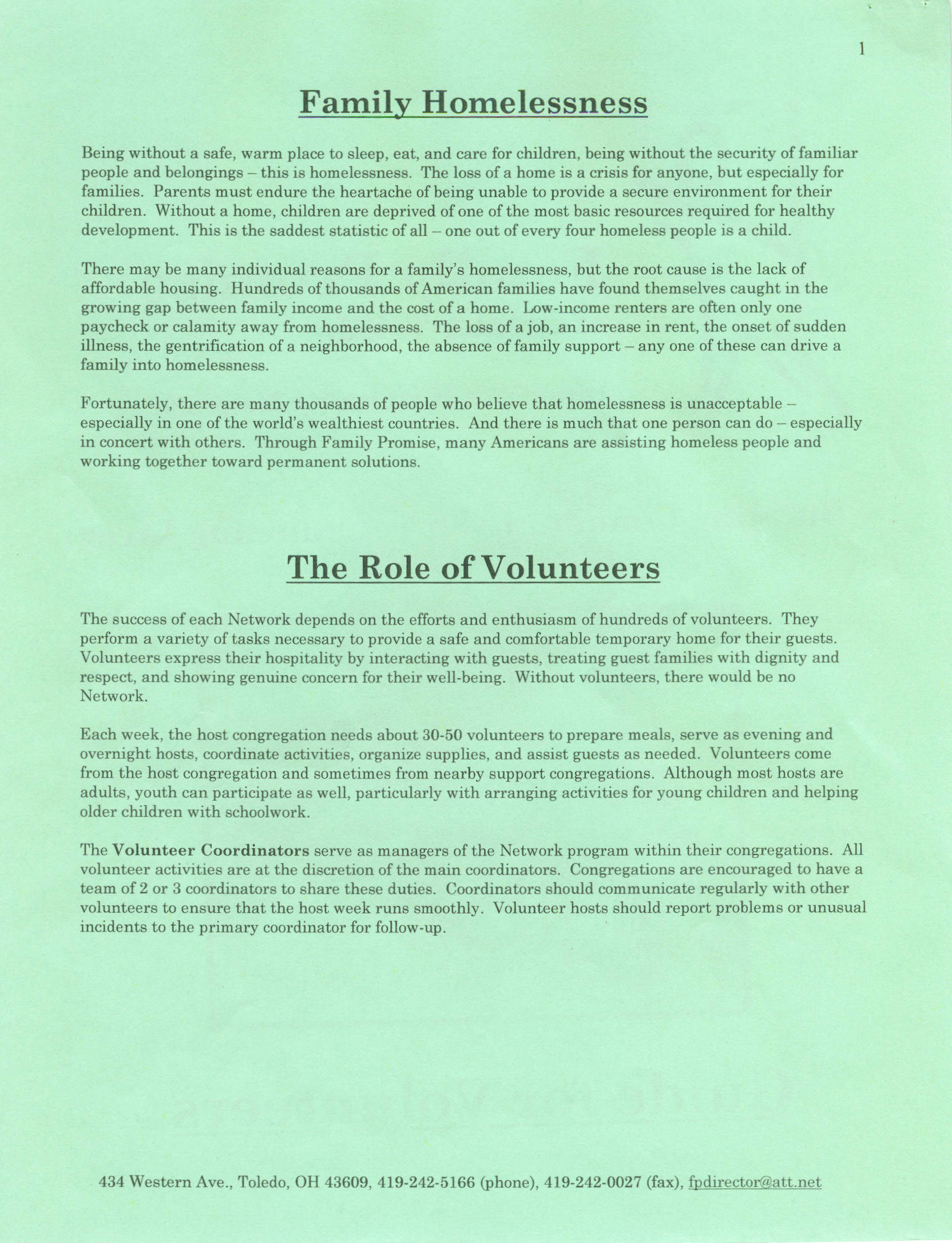 Family Promise of Greater Toledo Guide For Volunteers page 1